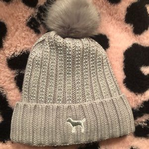 PINK Sherpa Lined Beanie Gray Bling